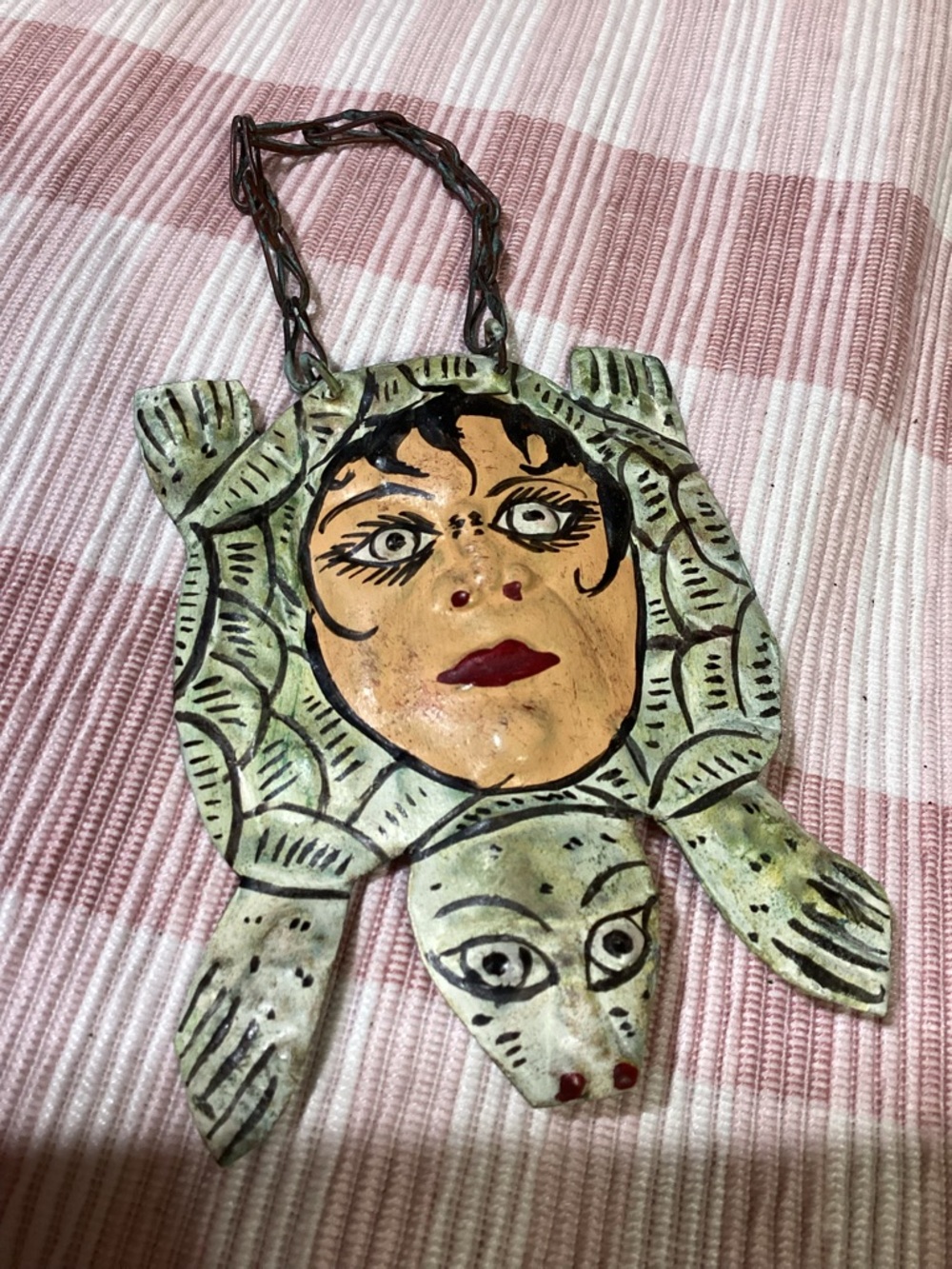 Mexican Bottle Art Handcrafted Painted Copper Tin Green Turtle with Face